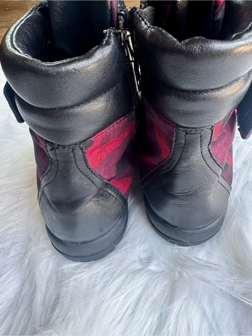 PRADA Women Black Leather Red Camo Textile Padded Collar Ankle Boots Sz 7.5 38 - Picture 9 of 17